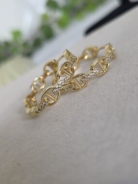 Gold Filled Huggie Hoop Earrings Mariners Link with Cubic Zirconia